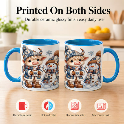 #pl[11oz|Blue] Highland Cow Snowman Coffee Mug, Winter Mug, Ceramic Cup