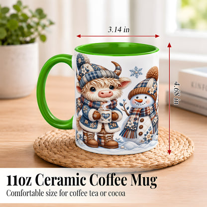 #pl[11oz|Green] Highland Cow Snowman Coffee Mug, Winter Mug, Ceramic Cup