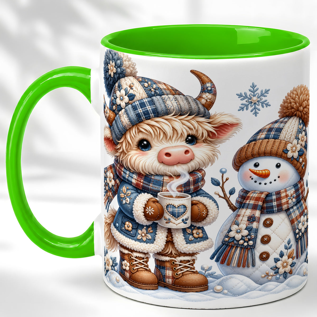 #pl[11oz|Green] Highland Cow Snowman Coffee Mug, Winter Mug, Ceramic Cup
