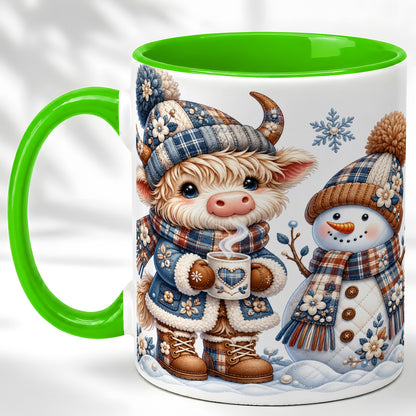 #pl[11oz|Green] Highland Cow Snowman Coffee Mug, Winter Mug, Ceramic Cup
