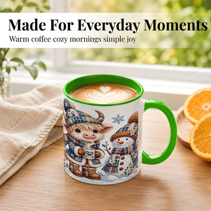 #pl[11oz|Green] Highland Cow Snowman Coffee Mug, Winter Mug, Ceramic Cup