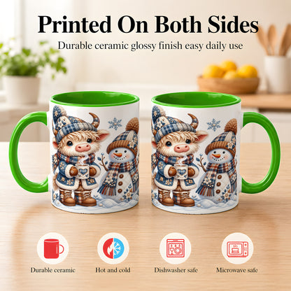 #pl[11oz|Green] Highland Cow Snowman Coffee Mug, Winter Mug, Ceramic Cup