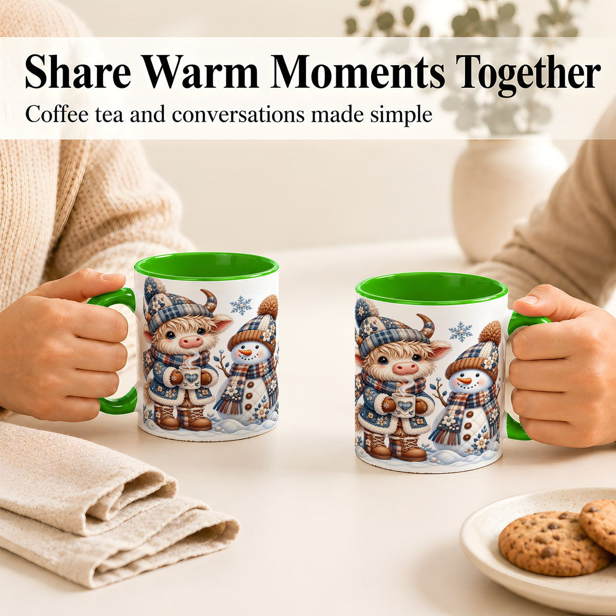 #pl[11oz|Green] Highland Cow Snowman Coffee Mug, Winter Mug, Ceramic Cup