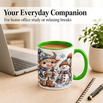 #pl[11oz|Green] Highland Cow Snowman Coffee Mug, Winter Mug, Ceramic Cup