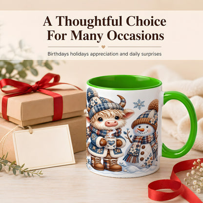 #pl[11oz|Green] Highland Cow Snowman Coffee Mug, Winter Mug, Ceramic Cup