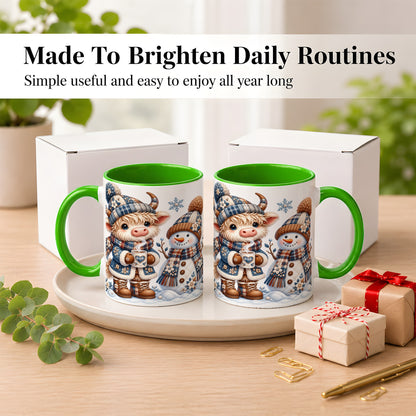 #pl[11oz|Green] Highland Cow Snowman Coffee Mug, Winter Mug, Ceramic Cup
