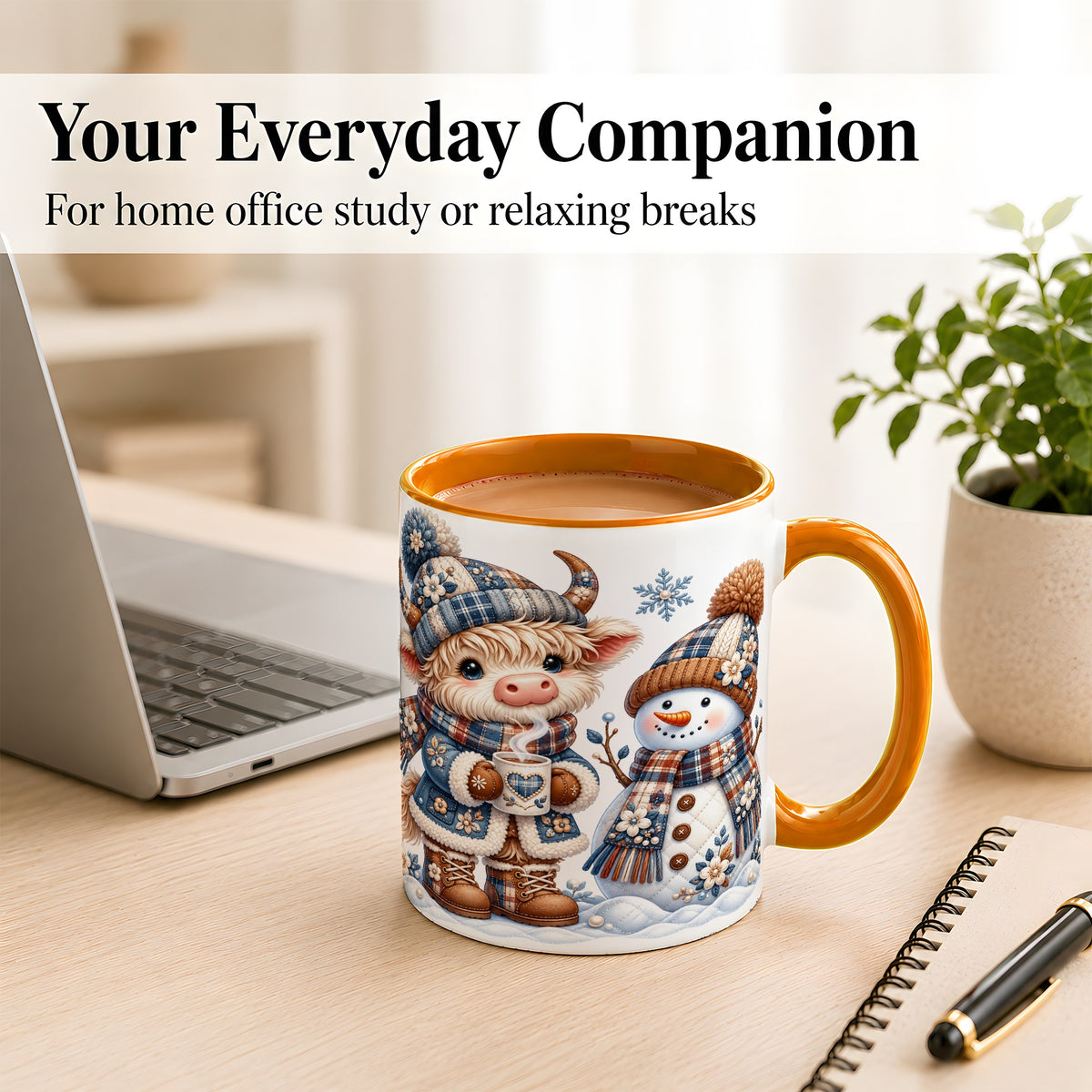 #pl[11oz|Orange] Highland Cow Snowman Coffee Mug, Winter Mug, Ceramic Cup