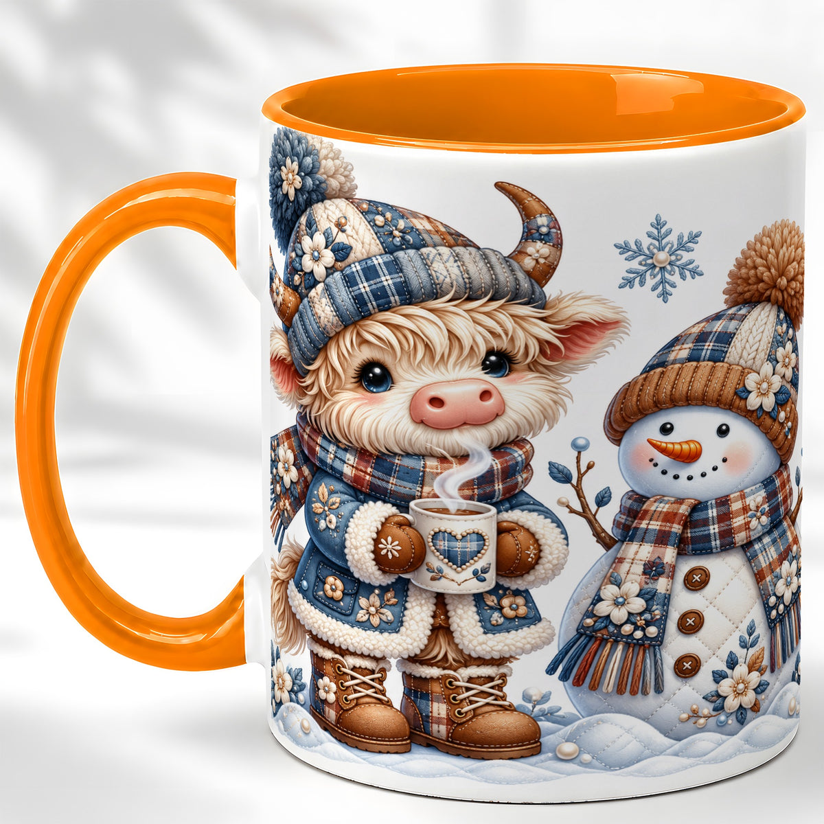 #pl[11oz|Orange] Highland Cow Snowman Coffee Mug, Winter Mug, Ceramic Cup