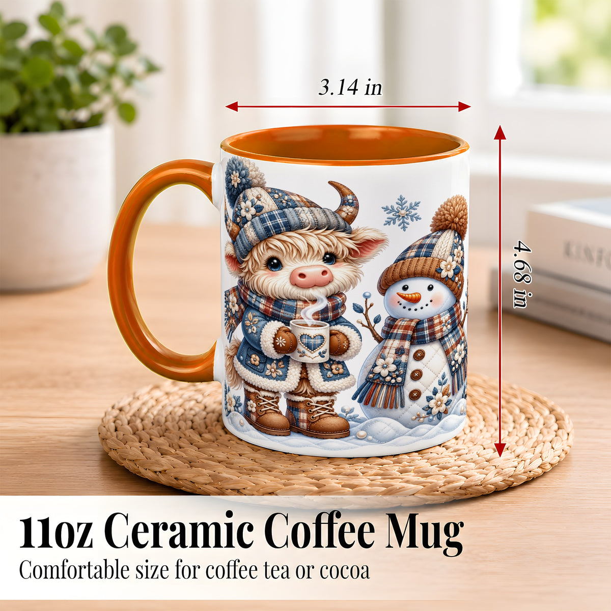 #pl[11oz|Orange] Highland Cow Snowman Coffee Mug, Winter Mug, Ceramic Cup