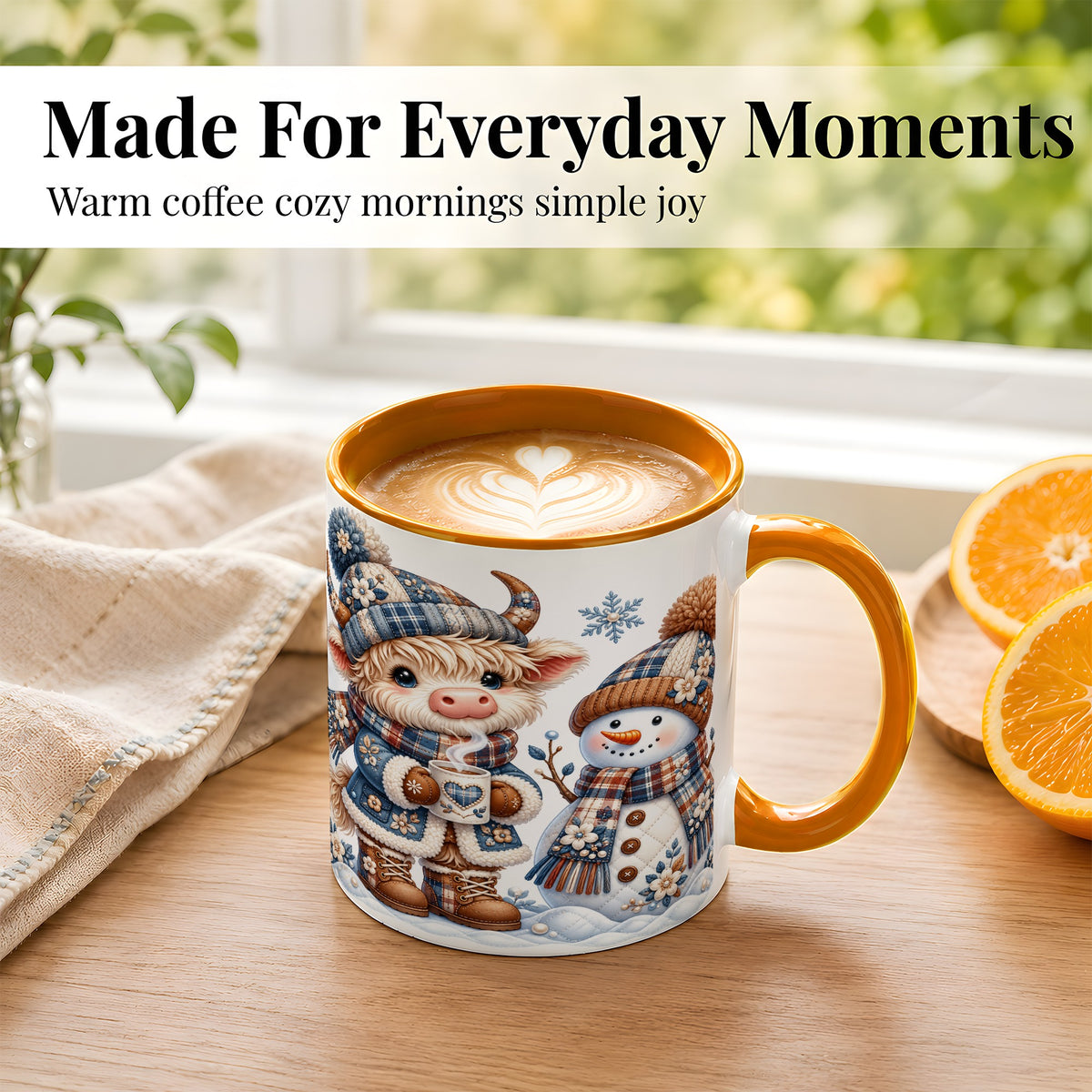 #pl[11oz|Orange] Highland Cow Snowman Coffee Mug, Winter Mug, Ceramic Cup