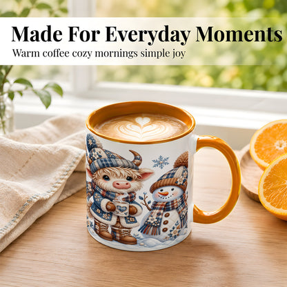 #pl[11oz|Orange] Highland Cow Snowman Coffee Mug, Winter Mug, Ceramic Cup