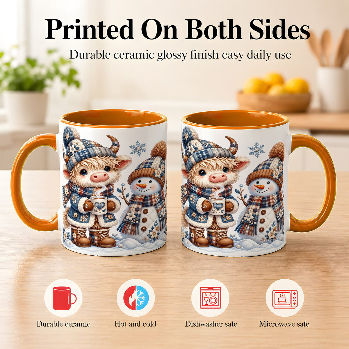 #pl[11oz|Orange] Highland Cow Snowman Coffee Mug, Winter Mug, Ceramic Cup