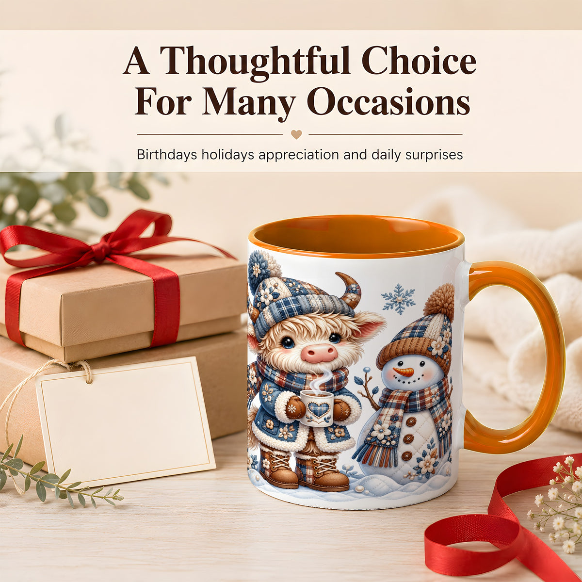 #pl[11oz|Orange] Highland Cow Snowman Coffee Mug, Winter Mug, Ceramic Cup