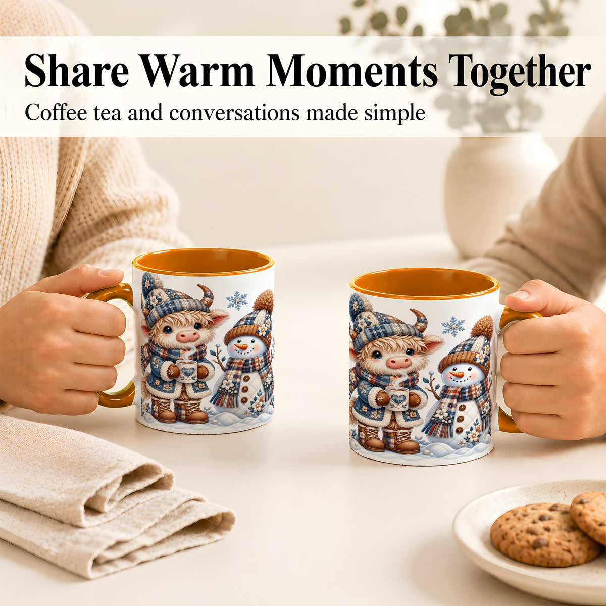 #pl[11oz|Orange] Highland Cow Snowman Coffee Mug, Winter Mug, Ceramic Cup