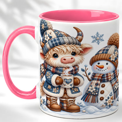 #pl[11oz|Pink] Highland Cow Snowman Coffee Mug, Winter Mug, Ceramic Cup