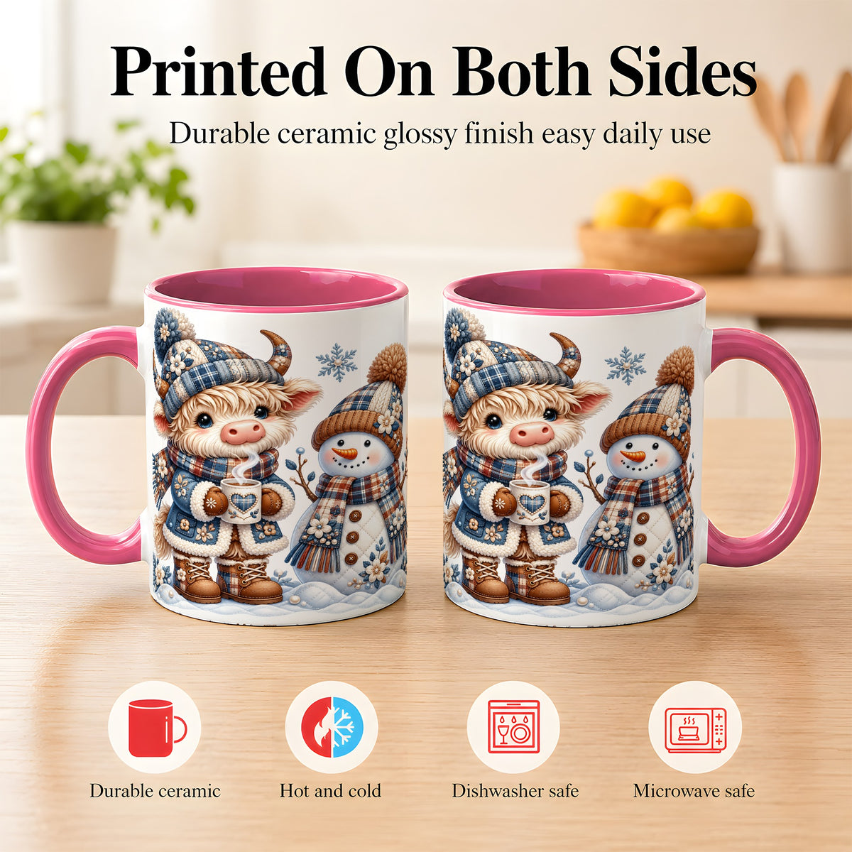 #pl[11oz|Pink] Highland Cow Snowman Coffee Mug, Winter Mug, Ceramic Cup