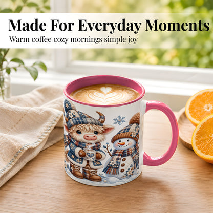 #pl[11oz|Pink] Highland Cow Snowman Coffee Mug, Winter Mug, Ceramic Cup