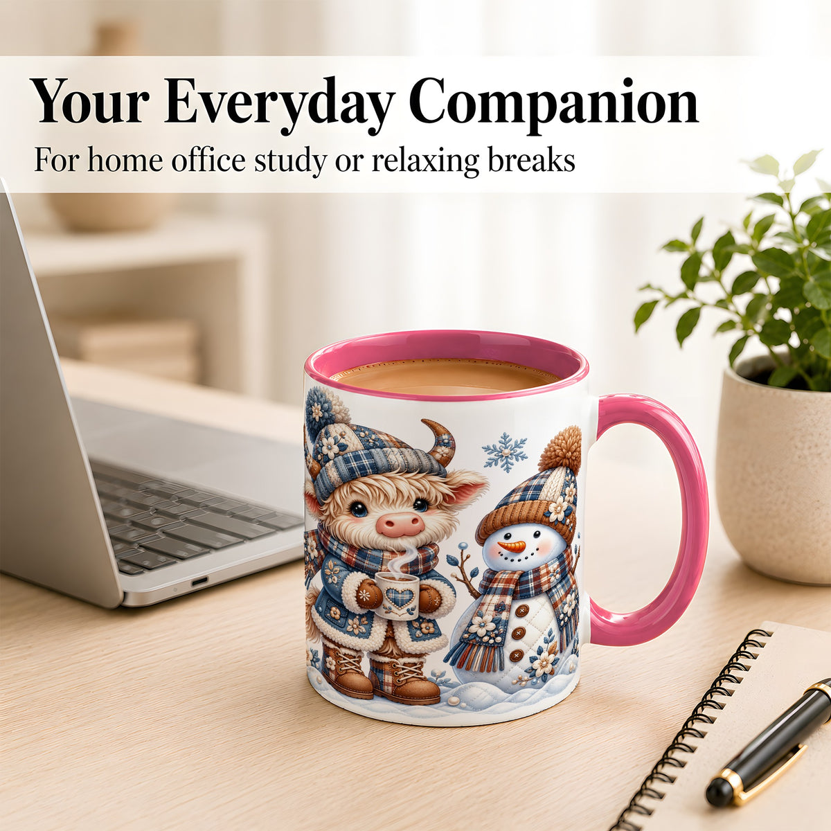 #pl[11oz|Pink] Highland Cow Snowman Coffee Mug, Winter Mug, Ceramic Cup