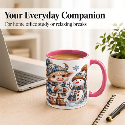 #pl[11oz|Pink] Highland Cow Snowman Coffee Mug, Winter Mug, Ceramic Cup