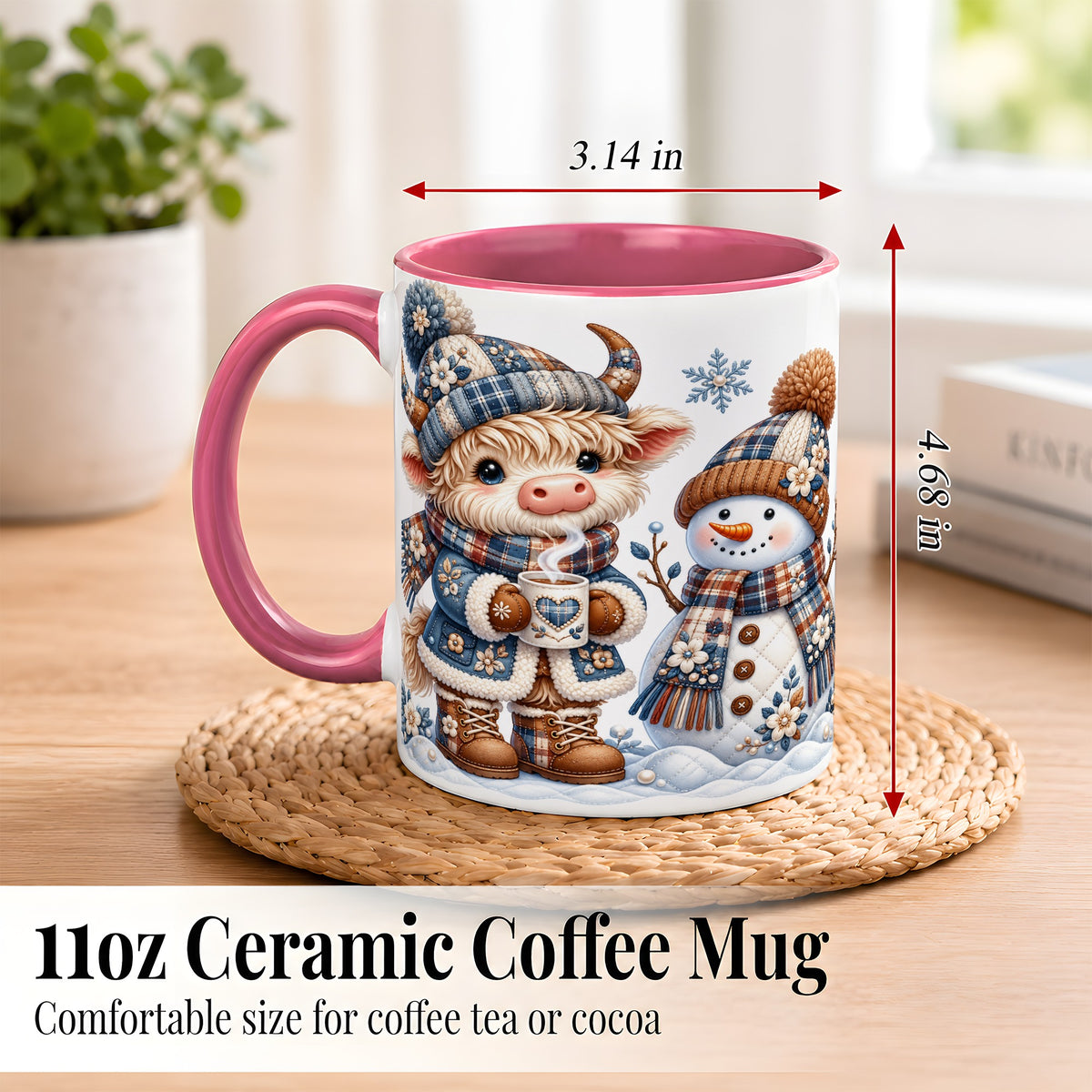 #pl[11oz|Pink] Highland Cow Snowman Coffee Mug, Winter Mug, Ceramic Cup