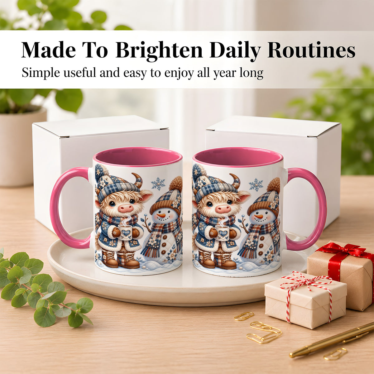 #pl[11oz|Pink] Highland Cow Snowman Coffee Mug, Winter Mug, Ceramic Cup
