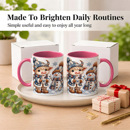 #pl[11oz|Pink] Highland Cow Snowman Coffee Mug, Winter Mug, Ceramic Cup
