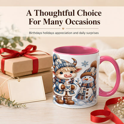 #pl[11oz|Pink] Highland Cow Snowman Coffee Mug, Winter Mug, Ceramic Cup