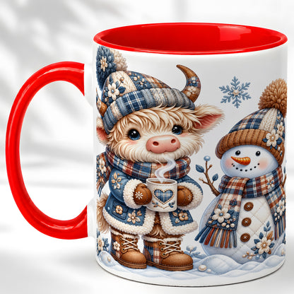 Highland Cow Snowman Coffee Mug, Winter Mug, Ceramic Cup