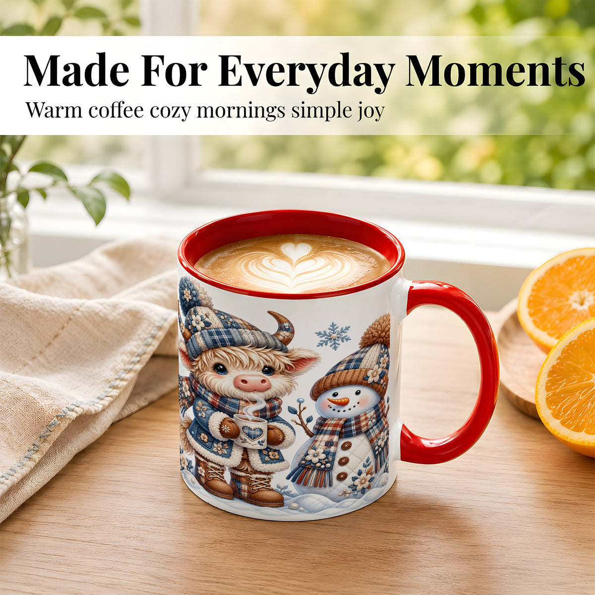 #pl[11oz|Red] Highland Cow Snowman Coffee Mug, Winter Mug, Ceramic Cup
