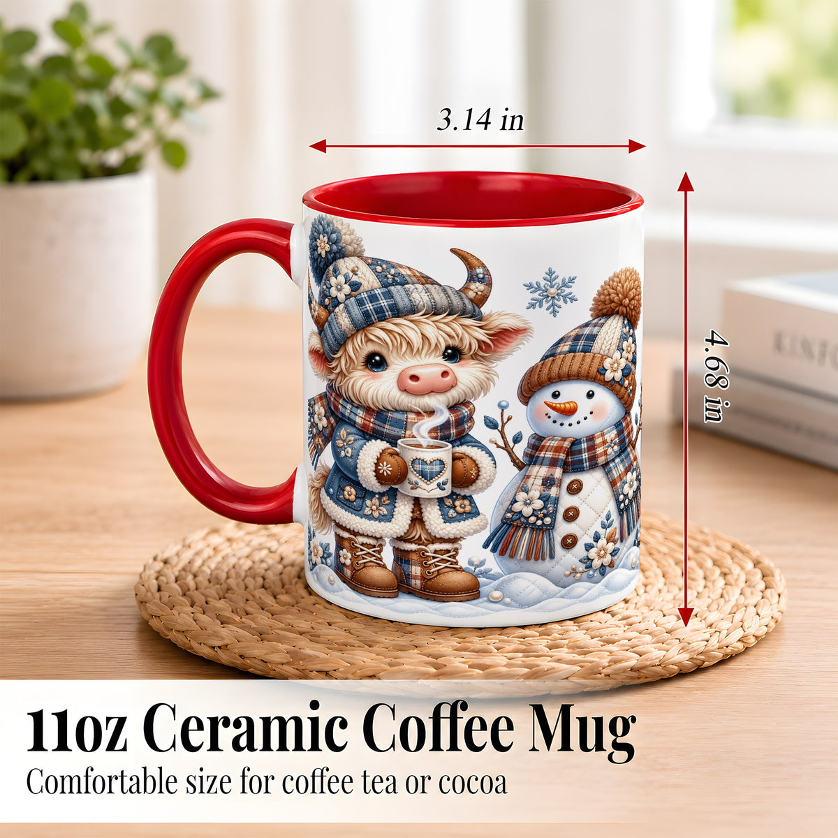 #pl[11oz|Red] Highland Cow Snowman Coffee Mug, Winter Mug, Ceramic Cup