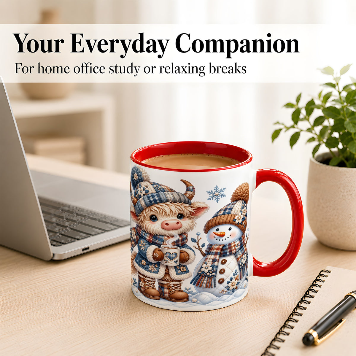#pl[11oz|Red] Highland Cow Snowman Coffee Mug, Winter Mug, Ceramic Cup
