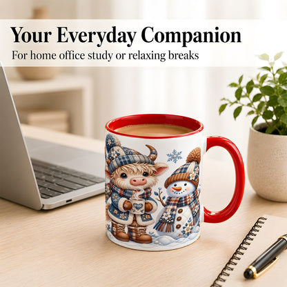 #pl[11oz|Red] Highland Cow Snowman Coffee Mug, Winter Mug, Ceramic Cup