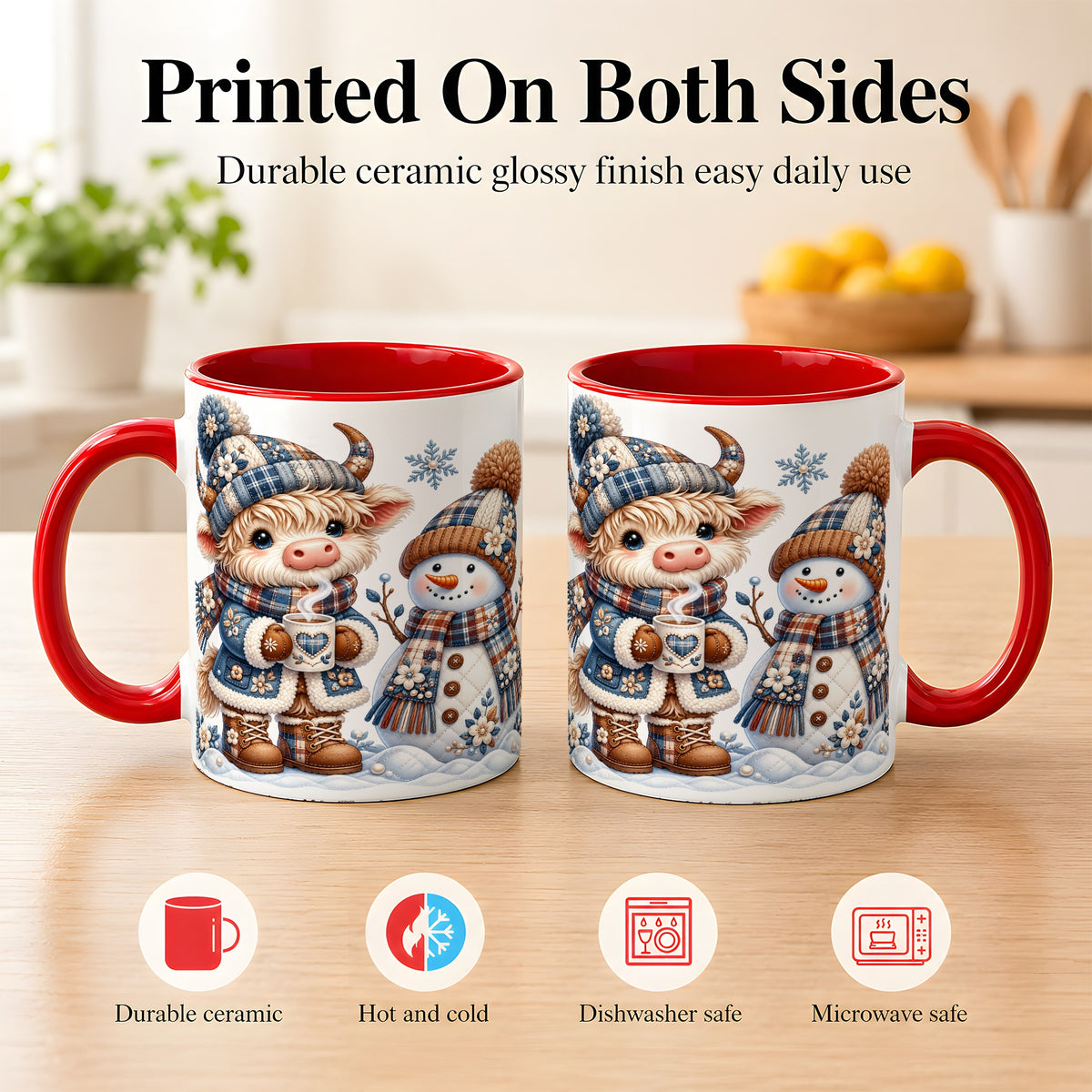 #pl[11oz|Red] Highland Cow Snowman Coffee Mug, Winter Mug, Ceramic Cup