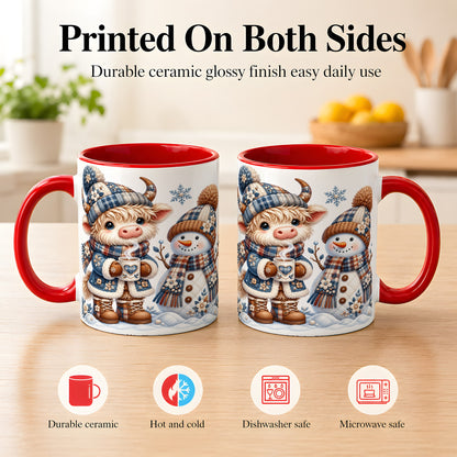 #pl[11oz|Red] Highland Cow Snowman Coffee Mug, Winter Mug, Ceramic Cup