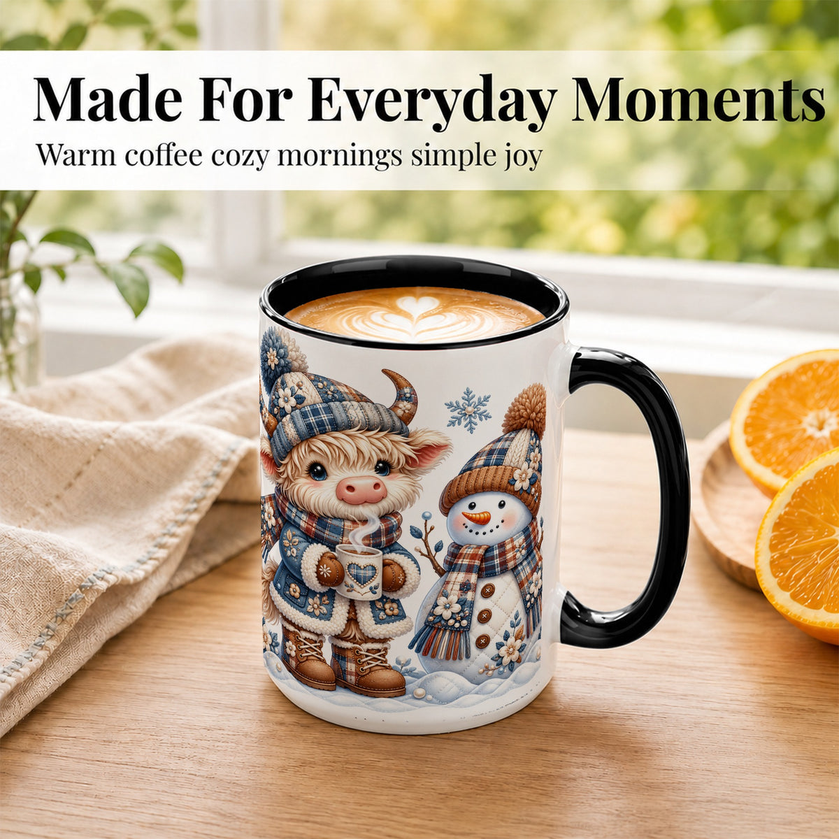 #pl[15oz|Black] Highland Cow Snowman Coffee Mug, Winter Mug, Ceramic Cup