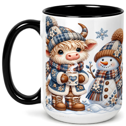 #pl[15oz|Black] Highland Cow Snowman Coffee Mug, Winter Mug, Ceramic Cup