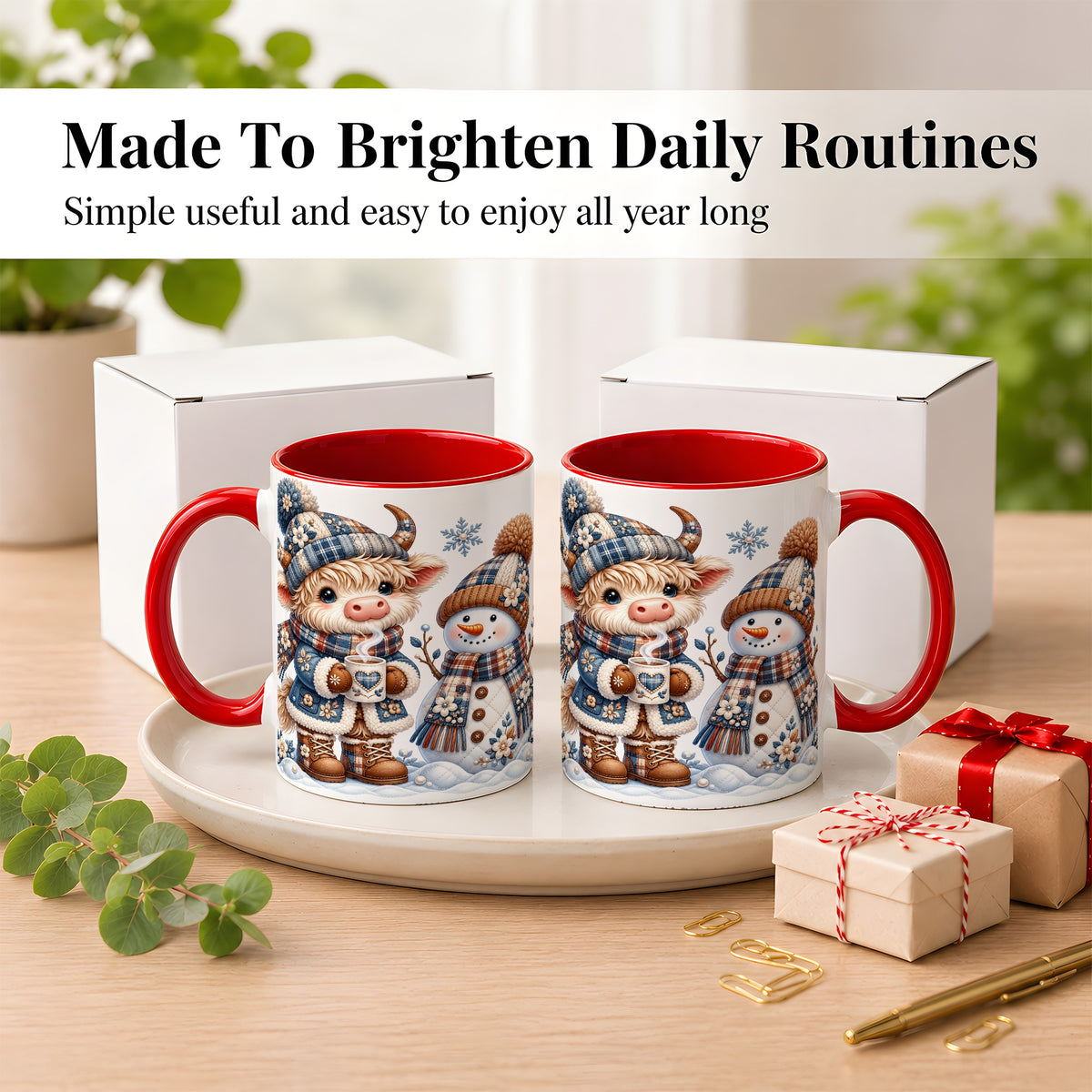 #pl[11oz|Red] Highland Cow Snowman Coffee Mug, Winter Mug, Ceramic Cup
