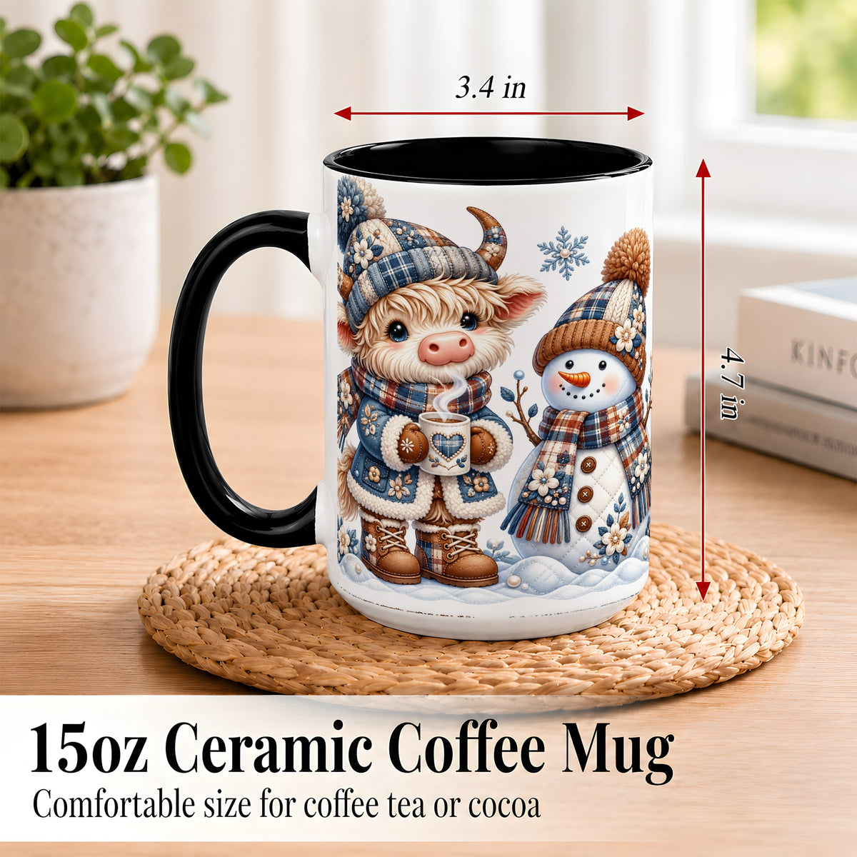 #pl[15oz|Black] Highland Cow Snowman Coffee Mug, Winter Mug, Ceramic Cup