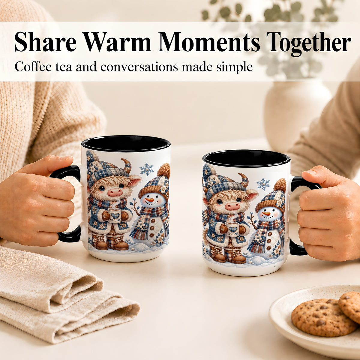 #pl[15oz|Black] Highland Cow Snowman Coffee Mug, Winter Mug, Ceramic Cup