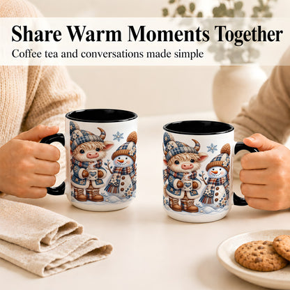 #pl[15oz|Black] Highland Cow Snowman Coffee Mug, Winter Mug, Ceramic Cup