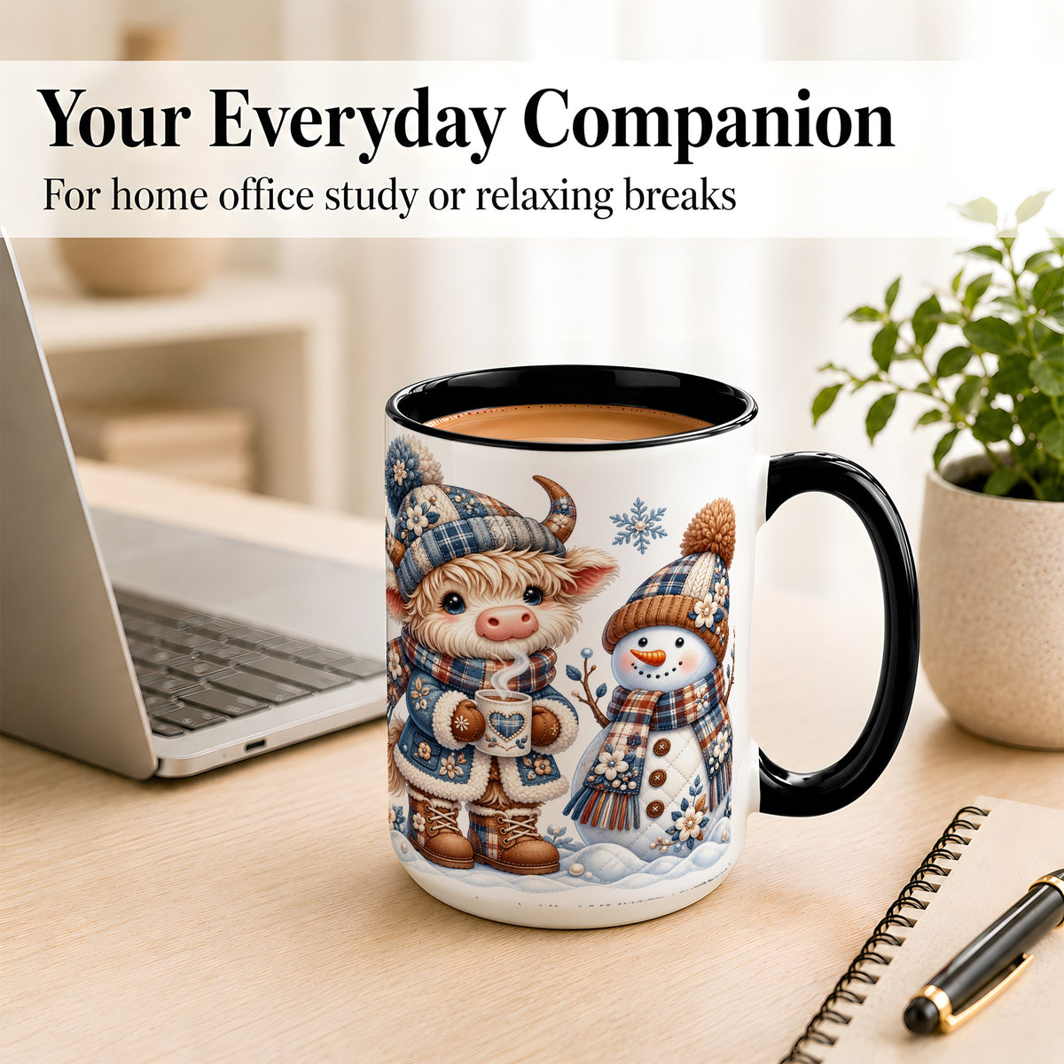 #pl[15oz|Black] Highland Cow Snowman Coffee Mug, Winter Mug, Ceramic Cup