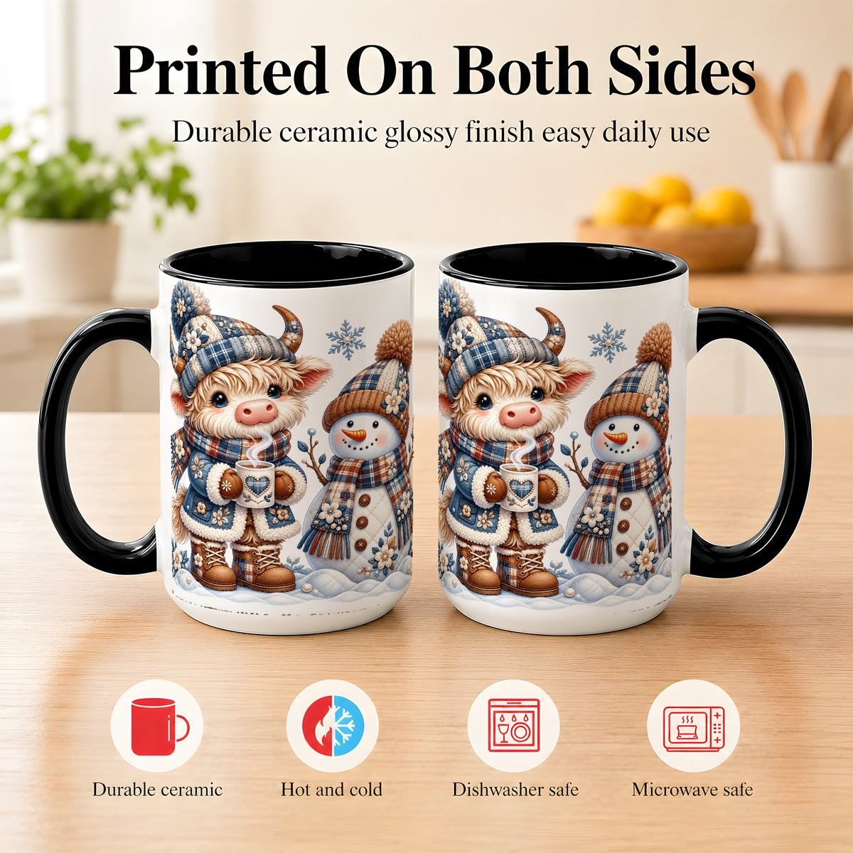 #pl[15oz|Black] Highland Cow Snowman Coffee Mug, Winter Mug, Ceramic Cup