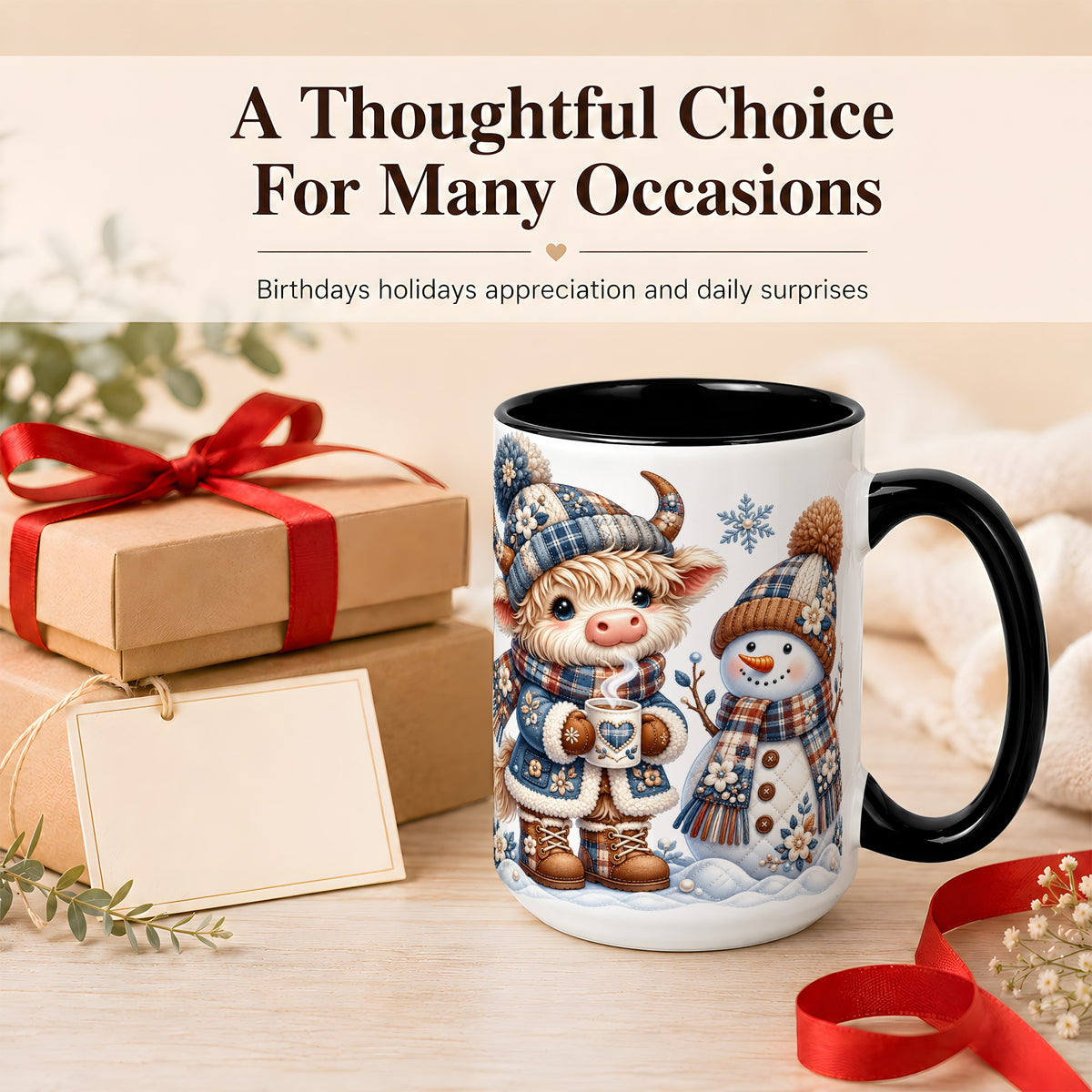 #pl[15oz|Black] Highland Cow Snowman Coffee Mug, Winter Mug, Ceramic Cup