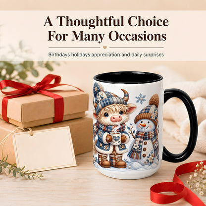 #pl[15oz|Black] Highland Cow Snowman Coffee Mug, Winter Mug, Ceramic Cup