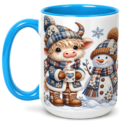 #pl[15oz|Blue] Highland Cow Snowman Coffee Mug, Winter Mug, Ceramic Cup
