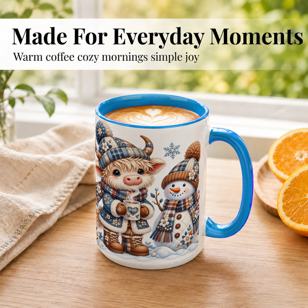 #pl[15oz|Blue] Highland Cow Snowman Coffee Mug, Winter Mug, Ceramic Cup