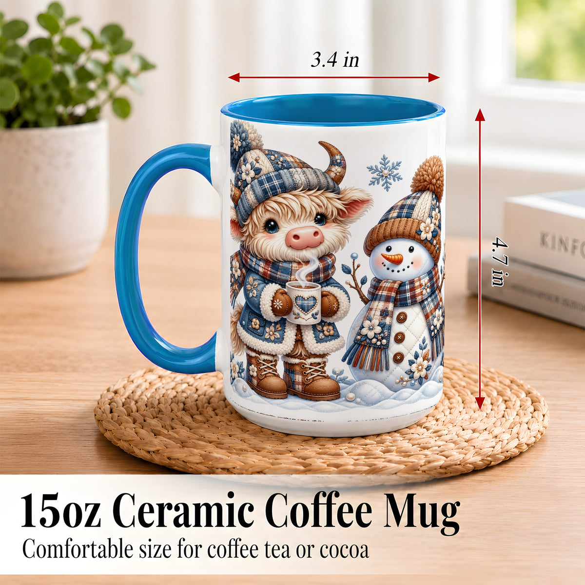#pl[15oz|Blue] Highland Cow Snowman Coffee Mug, Winter Mug, Ceramic Cup