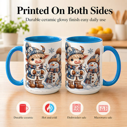 #pl[15oz|Blue] Highland Cow Snowman Coffee Mug, Winter Mug, Ceramic Cup