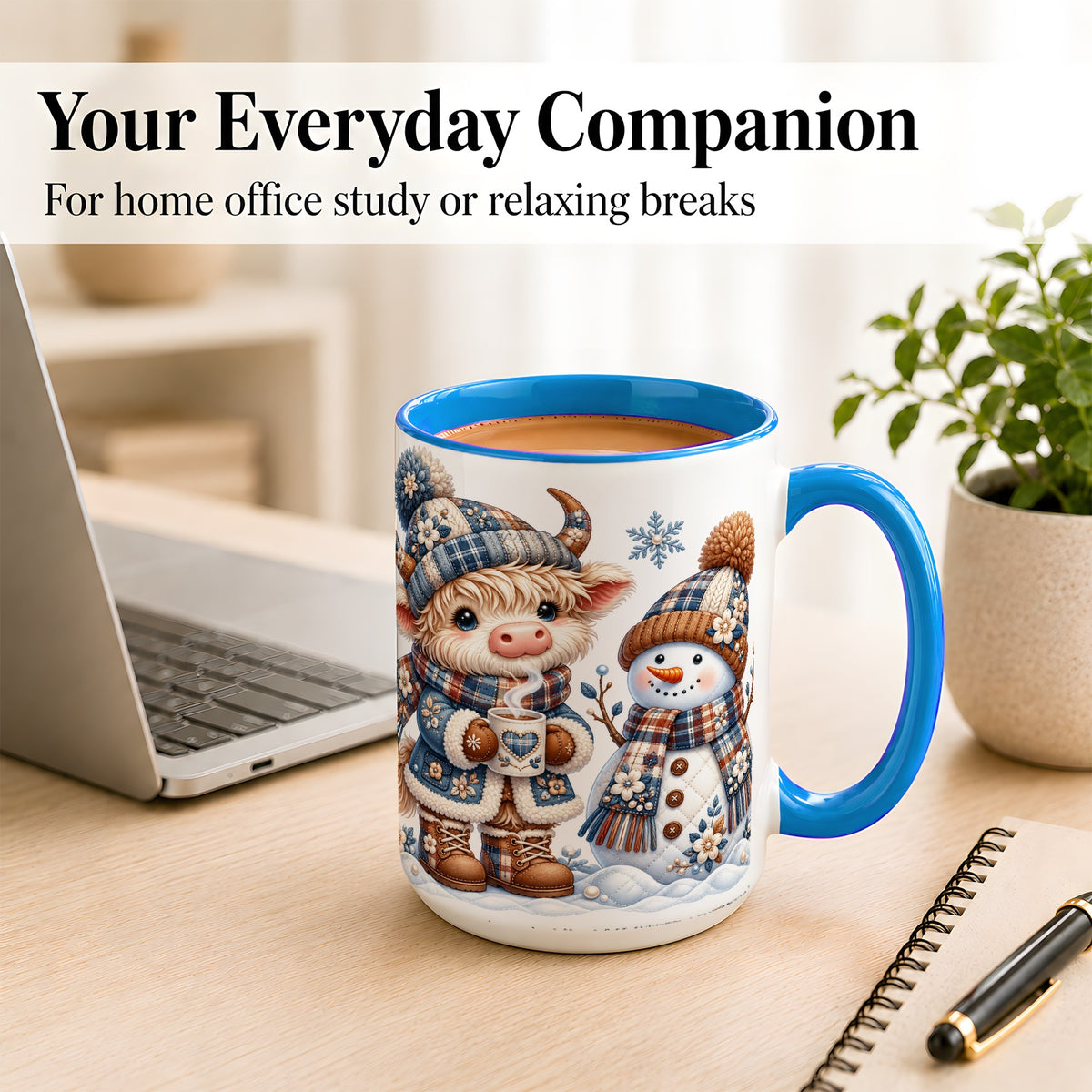 #pl[15oz|Blue] Highland Cow Snowman Coffee Mug, Winter Mug, Ceramic Cup