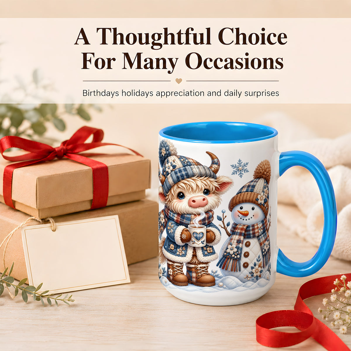 #pl[15oz|Blue] Highland Cow Snowman Coffee Mug, Winter Mug, Ceramic Cup